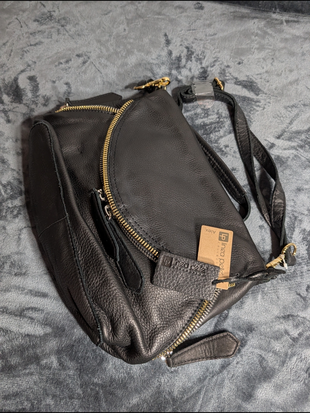 Linea Pelle Black Leather Crossbody with Gold Zippers